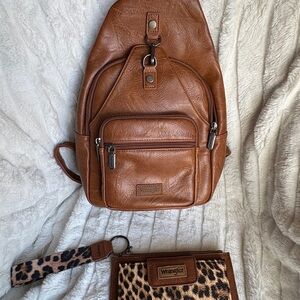 Wrangler Tan Backpack with Leopard Print Wallet